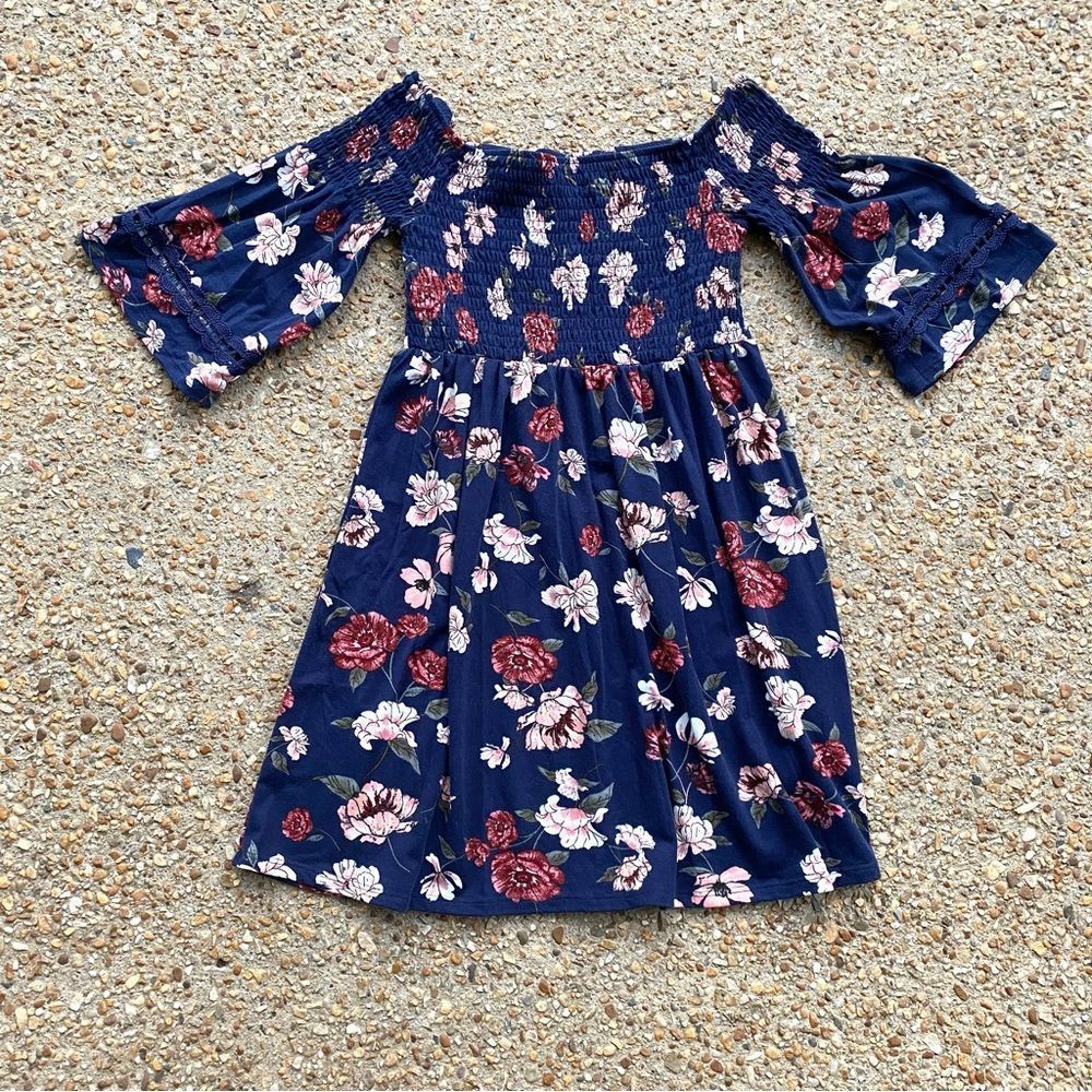 NWT Xhileration Floral Smock Bell Sleeve Navy Blue Dress Size M